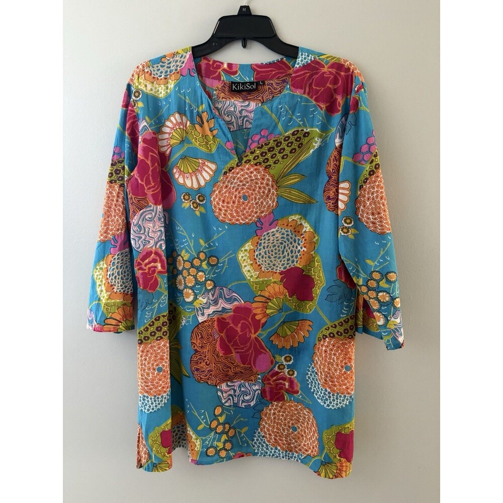 Kikisol Tunic Top Womens L Blue Floral Lagenlook Coastal Resort Vacation Coverup - Picture 15 of 15